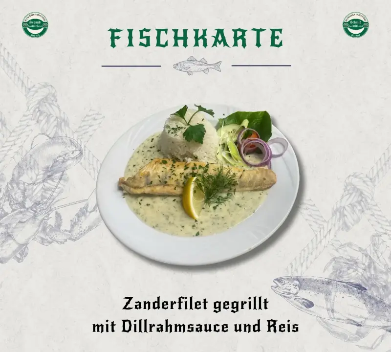 Zanderfilet gegrillt mit Dillrahmsauce und Reis